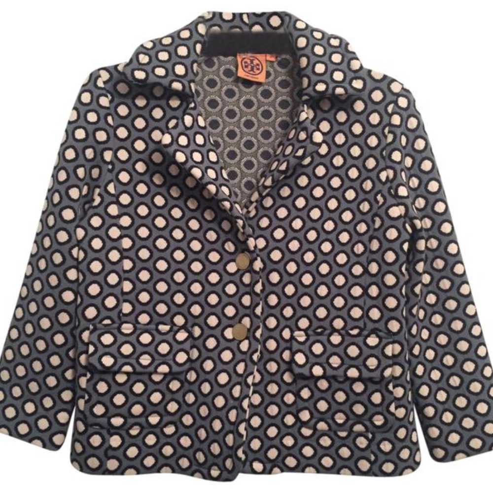 Blue and Cream Polka Dot Knit Jacket/Blazer Size L
